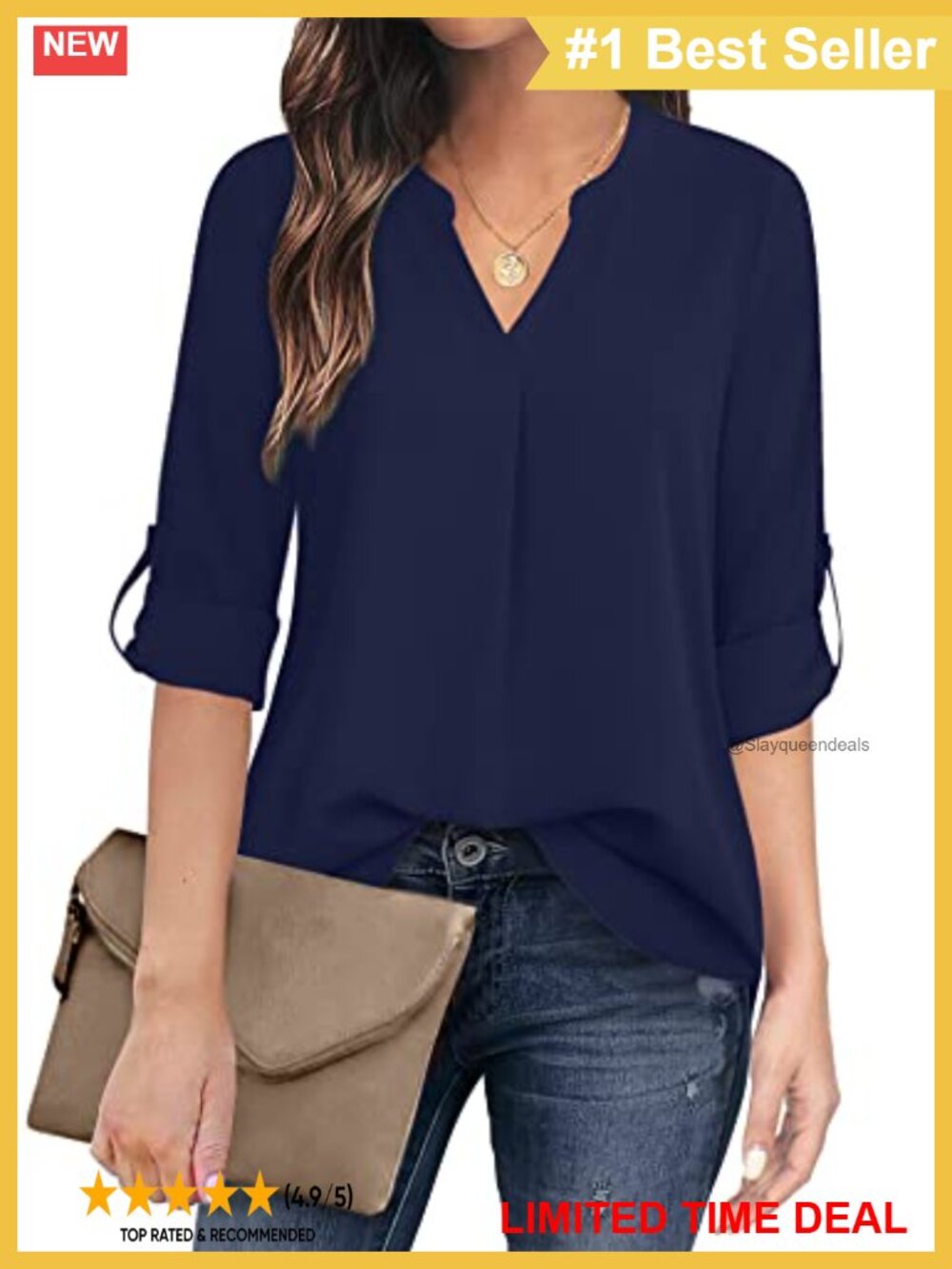 Women's Chiffon V Neck 3/4 Sleeve Blouse Tunic Top Pleated Front